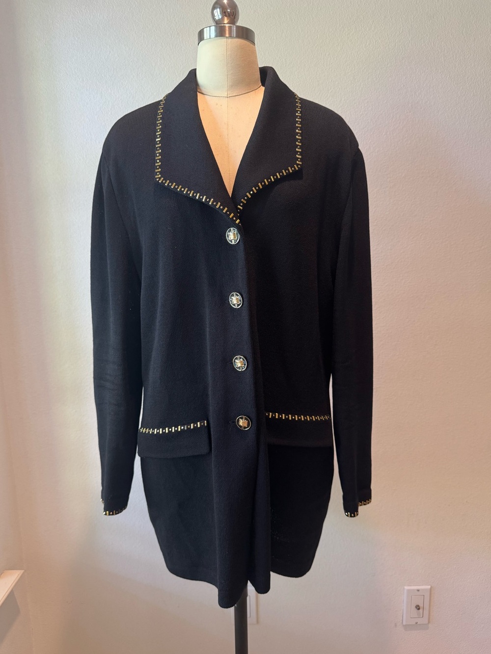St. John collection by Marie Gray black vintage gold studs  sequins cardigan